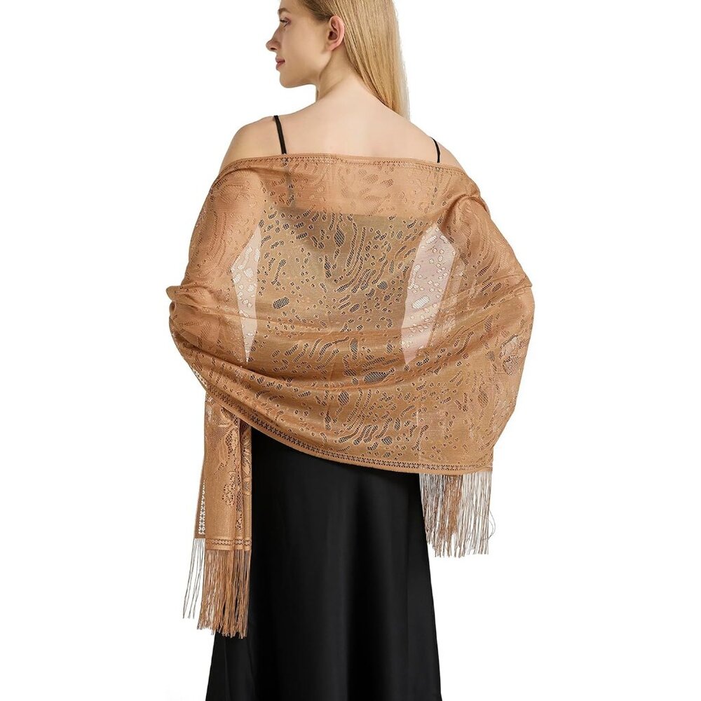 Women Brown Lace Floral Shawls and Wraps Bridal HeadScarf for Evening Dress
